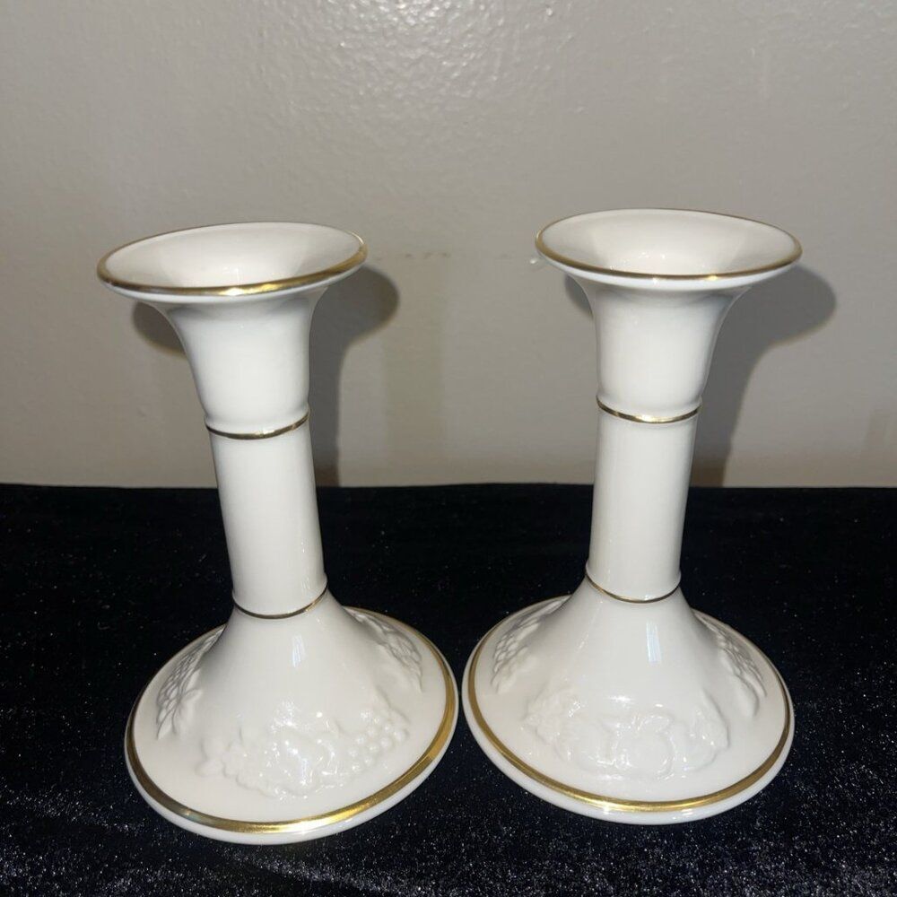 Lenox Fruits Of Life Porcelain Candlesticks Candle Holders Pair USA 80s Vintage
